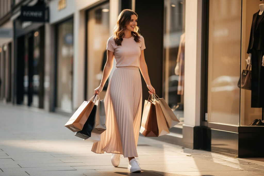 jeune femme avec jupe longue avec baskets
